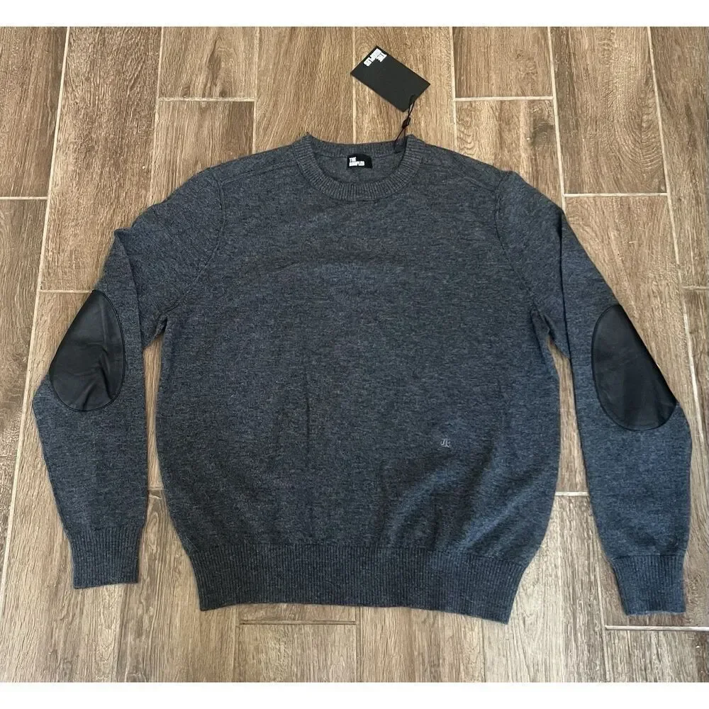 The Kooples Paris Wool Men’s‎ M Crew Neck Charcoal Gray Leather Patches Gift NWT